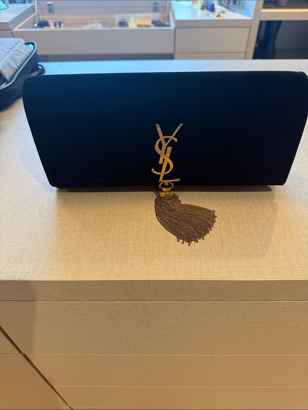 Yves Saint Laurent Black Velvet Tassel Logo Clutch